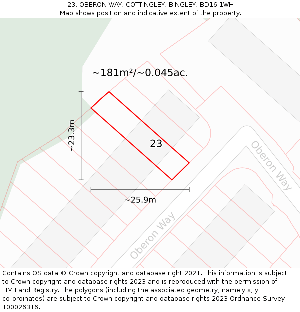 23, OBERON WAY, COTTINGLEY, BINGLEY, BD16 1WH: Plot and title map