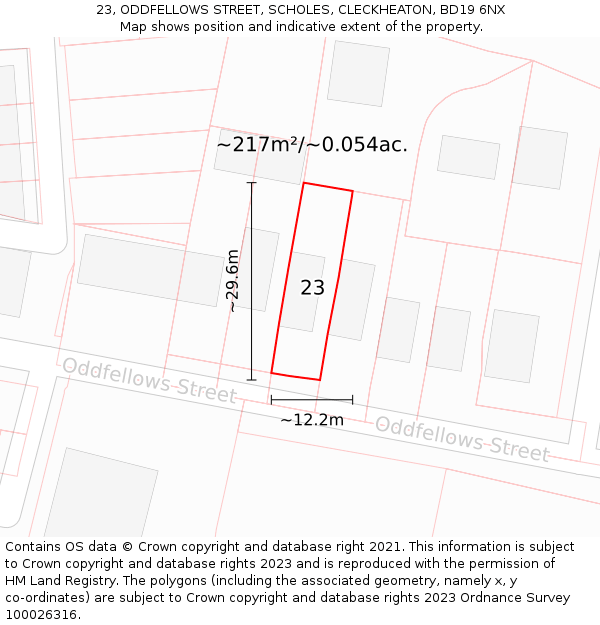 23, ODDFELLOWS STREET, SCHOLES, CLECKHEATON, BD19 6NX: Plot and title map