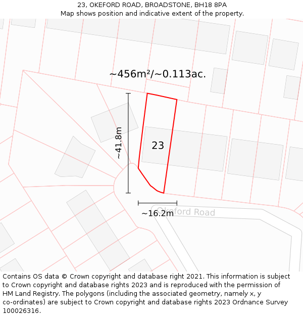 23, OKEFORD ROAD, BROADSTONE, BH18 8PA: Plot and title map