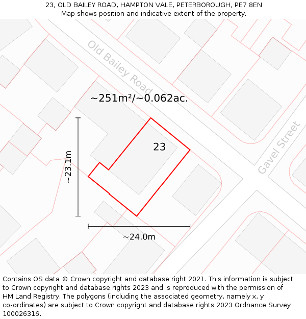 23, OLD BAILEY ROAD, HAMPTON VALE, PETERBOROUGH, PE7 8EN: Plot and title map