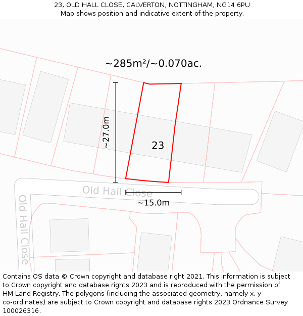 23, OLD HALL CLOSE, CALVERTON, NOTTINGHAM, NG14 6PU: Plot and title map