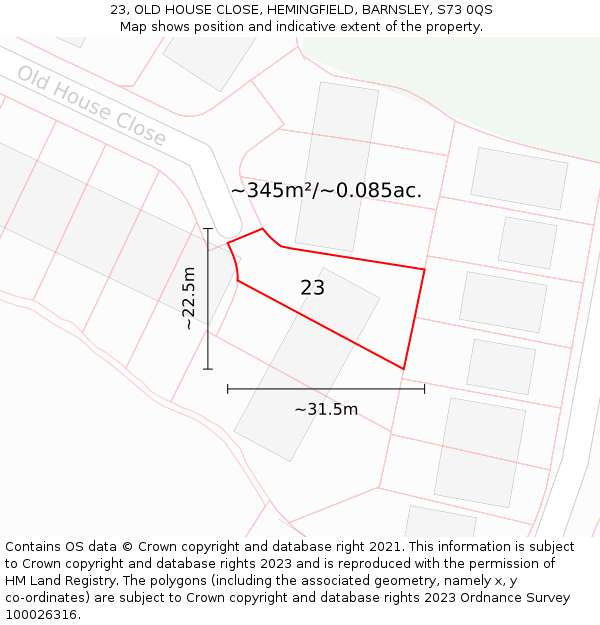 23, OLD HOUSE CLOSE, HEMINGFIELD, BARNSLEY, S73 0QS: Plot and title map