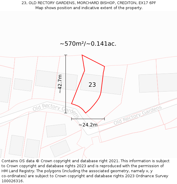 23, OLD RECTORY GARDENS, MORCHARD BISHOP, CREDITON, EX17 6PF: Plot and title map