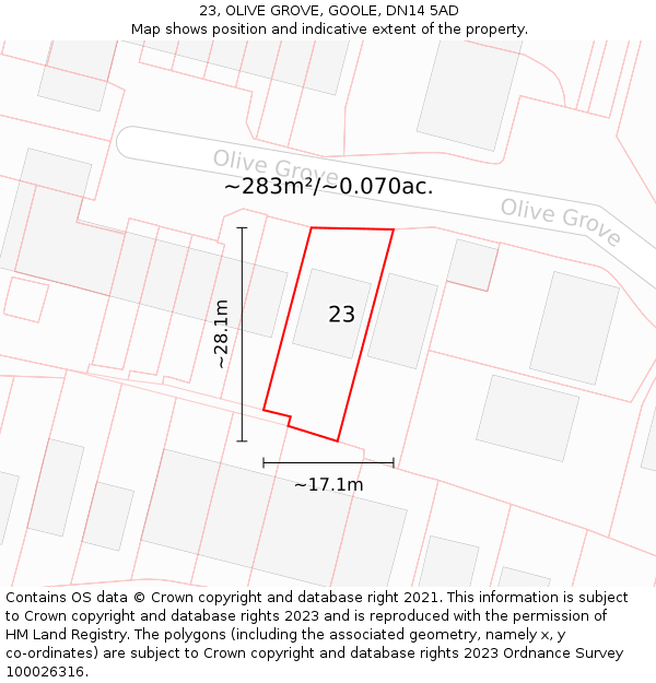 23, OLIVE GROVE, GOOLE, DN14 5AD: Plot and title map