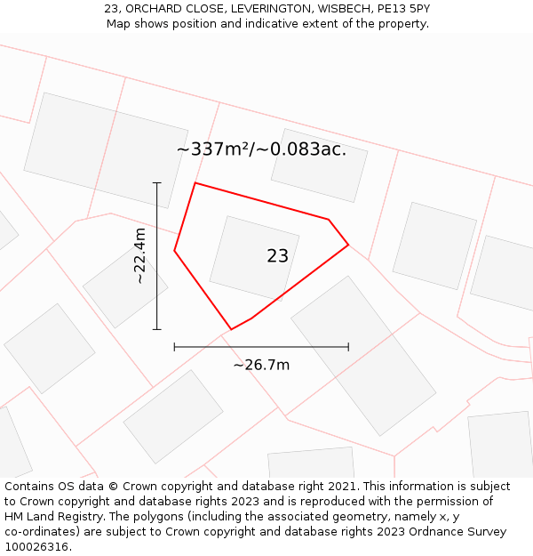 23, ORCHARD CLOSE, LEVERINGTON, WISBECH, PE13 5PY: Plot and title map