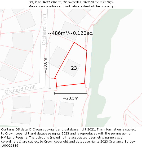 23, ORCHARD CROFT, DODWORTH, BARNSLEY, S75 3QY: Plot and title map