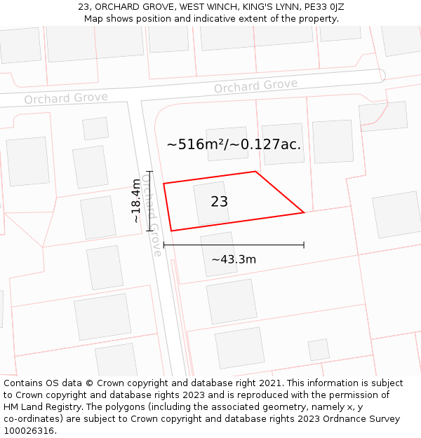 23, ORCHARD GROVE, WEST WINCH, KING'S LYNN, PE33 0JZ: Plot and title map