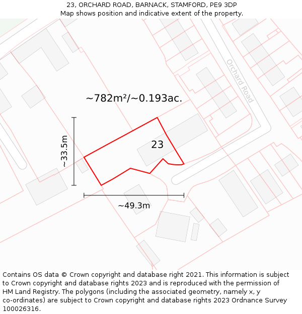 23, ORCHARD ROAD, BARNACK, STAMFORD, PE9 3DP: Plot and title map