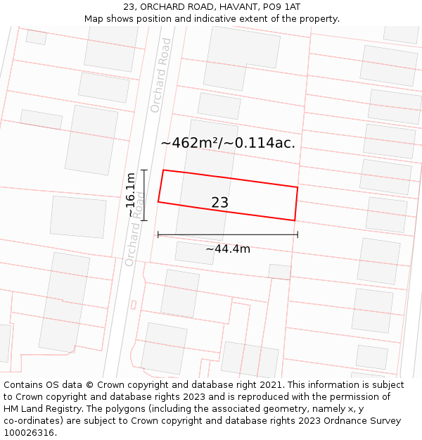 23, ORCHARD ROAD, HAVANT, PO9 1AT: Plot and title map