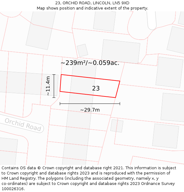 23, ORCHID ROAD, LINCOLN, LN5 9XD: Plot and title map