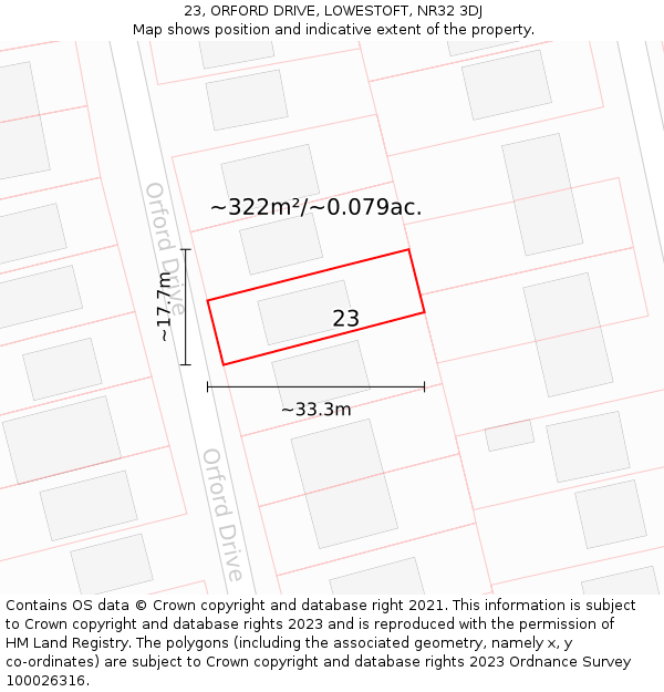 23, ORFORD DRIVE, LOWESTOFT, NR32 3DJ: Plot and title map