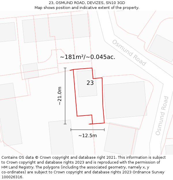 23, OSMUND ROAD, DEVIZES, SN10 3GD: Plot and title map