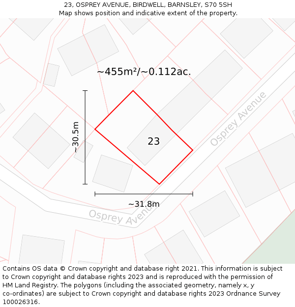 23, OSPREY AVENUE, BIRDWELL, BARNSLEY, S70 5SH: Plot and title map