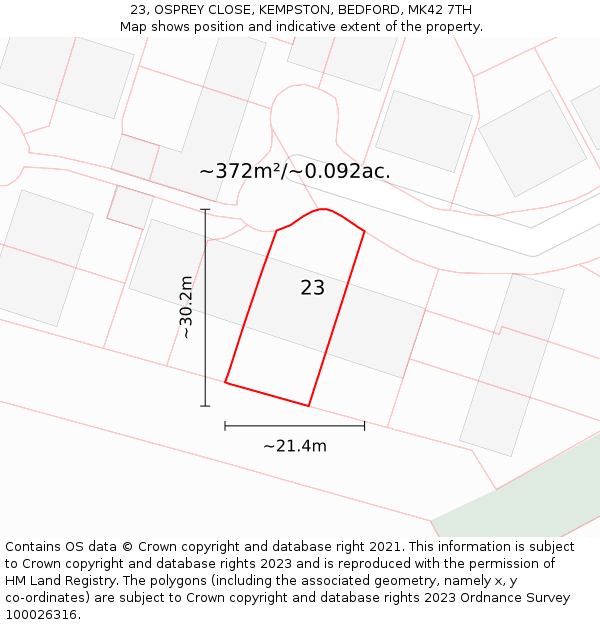 23, OSPREY CLOSE, KEMPSTON, BEDFORD, MK42 7TH: Plot and title map