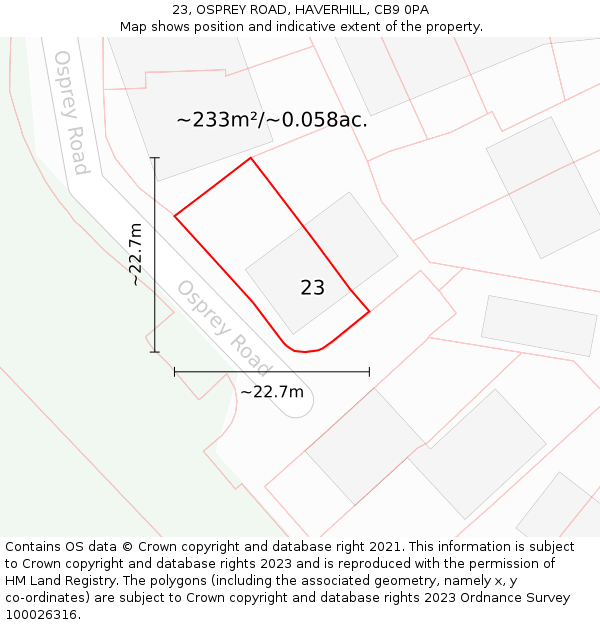 23, OSPREY ROAD, HAVERHILL, CB9 0PA: Plot and title map