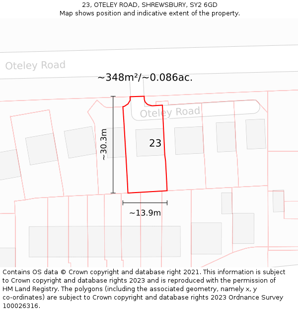 23, OTELEY ROAD, SHREWSBURY, SY2 6GD: Plot and title map