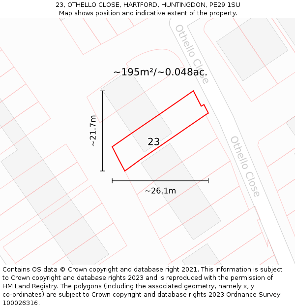 23, OTHELLO CLOSE, HARTFORD, HUNTINGDON, PE29 1SU: Plot and title map