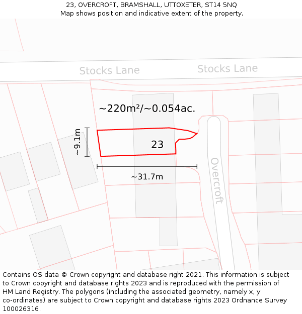 23, OVERCROFT, BRAMSHALL, UTTOXETER, ST14 5NQ: Plot and title map