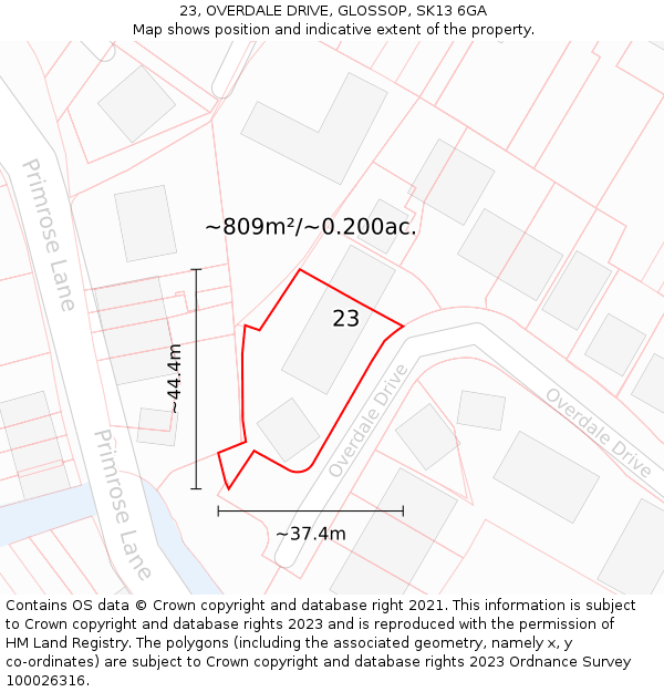 23, OVERDALE DRIVE, GLOSSOP, SK13 6GA: Plot and title map