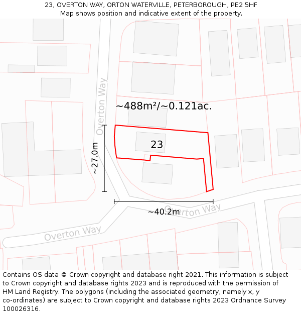 23, OVERTON WAY, ORTON WATERVILLE, PETERBOROUGH, PE2 5HF: Plot and title map