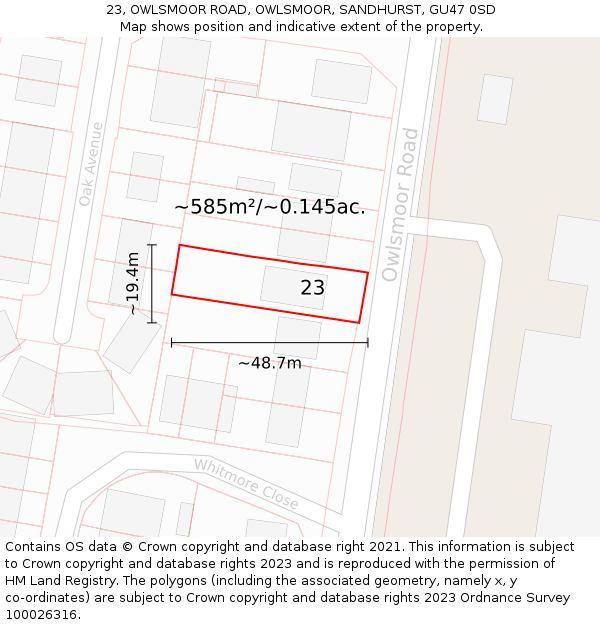 23, OWLSMOOR ROAD, OWLSMOOR, SANDHURST, GU47 0SD: Plot and title map