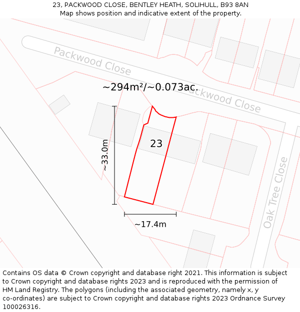 23, PACKWOOD CLOSE, BENTLEY HEATH, SOLIHULL, B93 8AN: Plot and title map