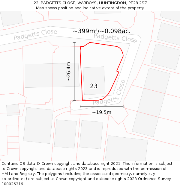 23, PADGETTS CLOSE, WARBOYS, HUNTINGDON, PE28 2SZ: Plot and title map