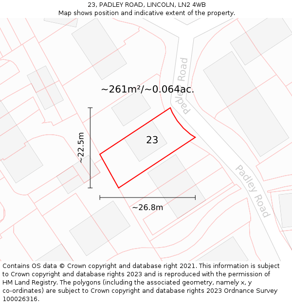 23, PADLEY ROAD, LINCOLN, LN2 4WB: Plot and title map