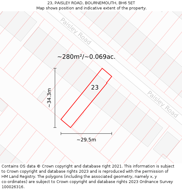 23, PAISLEY ROAD, BOURNEMOUTH, BH6 5ET: Plot and title map