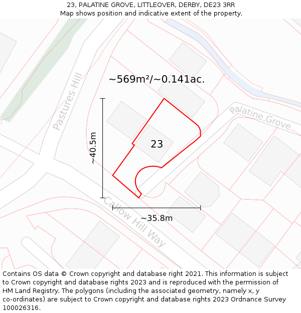 23, PALATINE GROVE, LITTLEOVER, DERBY, DE23 3RR: Plot and title map