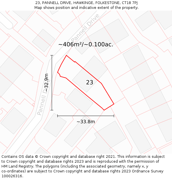 23, PANNELL DRIVE, HAWKINGE, FOLKESTONE, CT18 7PJ: Plot and title map