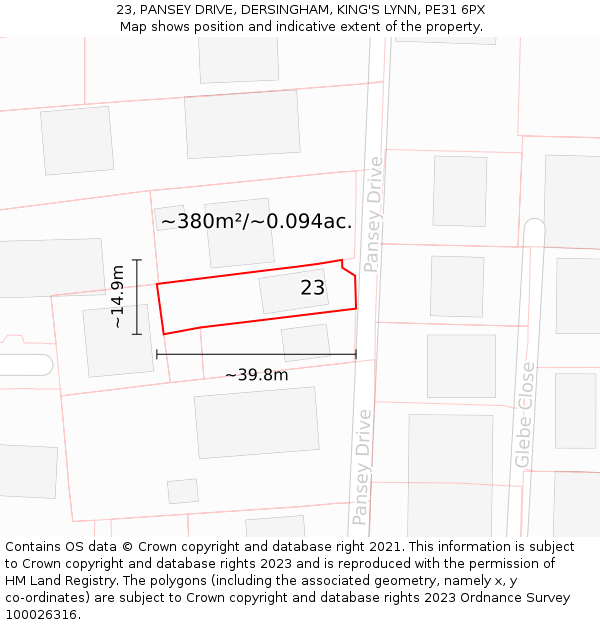 23, PANSEY DRIVE, DERSINGHAM, KING'S LYNN, PE31 6PX: Plot and title map