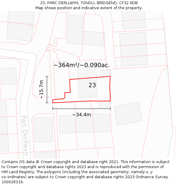 23, PARC DERLLWYN, TONDU, BRIDGEND, CF32 9DB: Plot and title map