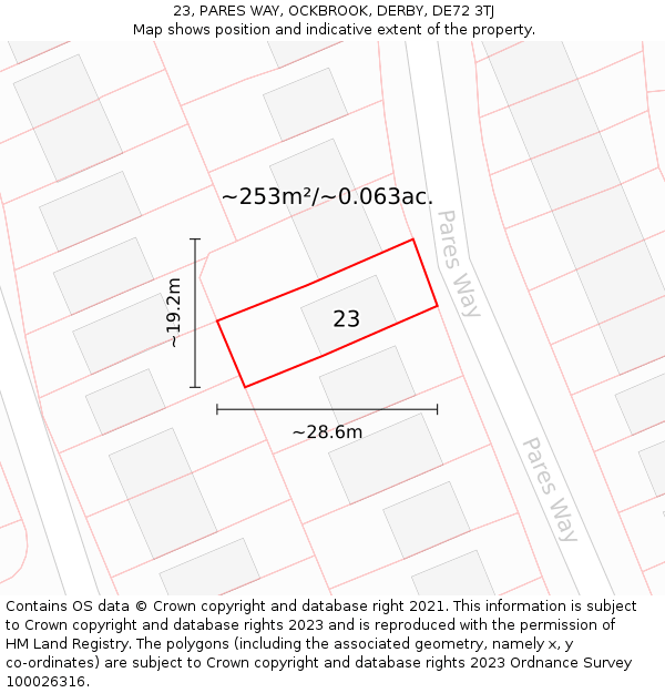 23, PARES WAY, OCKBROOK, DERBY, DE72 3TJ: Plot and title map