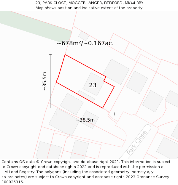 23, PARK CLOSE, MOGGERHANGER, BEDFORD, MK44 3RY: Plot and title map
