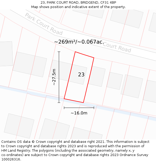 23, PARK COURT ROAD, BRIDGEND, CF31 4BP: Plot and title map