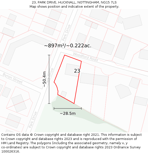 23, PARK DRIVE, HUCKNALL, NOTTINGHAM, NG15 7LS: Plot and title map