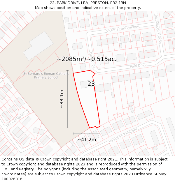 23, PARK DRIVE, LEA, PRESTON, PR2 1RN: Plot and title map