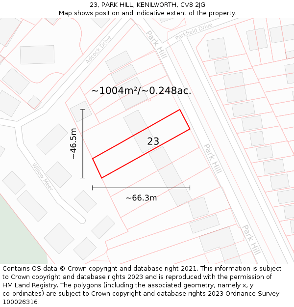 23, PARK HILL, KENILWORTH, CV8 2JG: Plot and title map
