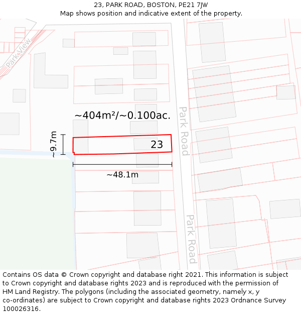 23, PARK ROAD, BOSTON, PE21 7JW: Plot and title map