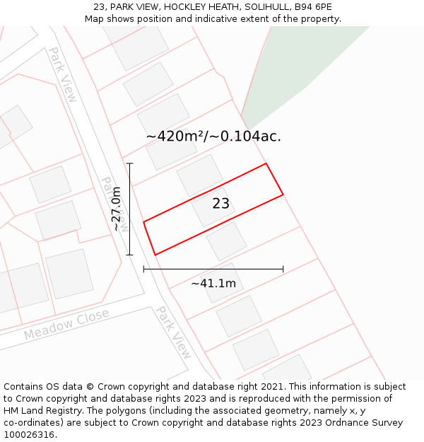 23, PARK VIEW, HOCKLEY HEATH, SOLIHULL, B94 6PE: Plot and title map