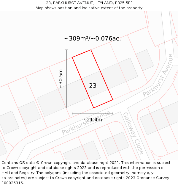 23, PARKHURST AVENUE, LEYLAND, PR25 5PF: Plot and title map
