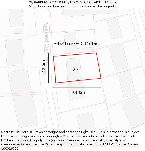 23, PARKLAND CRESCENT, HORNING, NORWICH, NR12 8PJ: Plot and title map