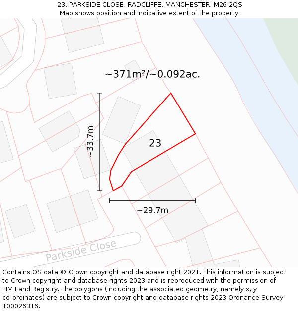 23, PARKSIDE CLOSE, RADCLIFFE, MANCHESTER, M26 2QS: Plot and title map