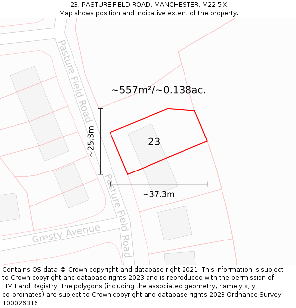 23, PASTURE FIELD ROAD, MANCHESTER, M22 5JX: Plot and title map