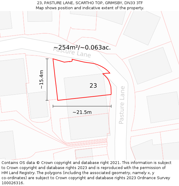 23, PASTURE LANE, SCARTHO TOP, GRIMSBY, DN33 3TF: Plot and title map
