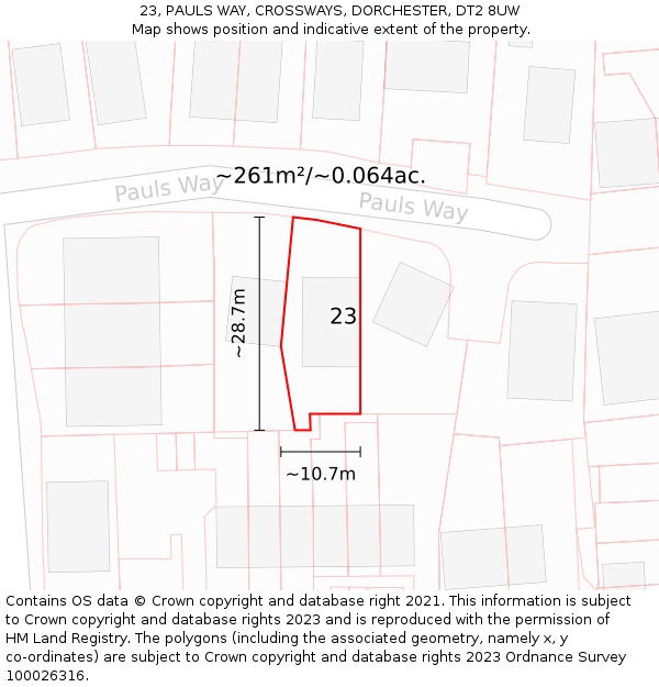 23, PAULS WAY, CROSSWAYS, DORCHESTER, DT2 8UW: Plot and title map