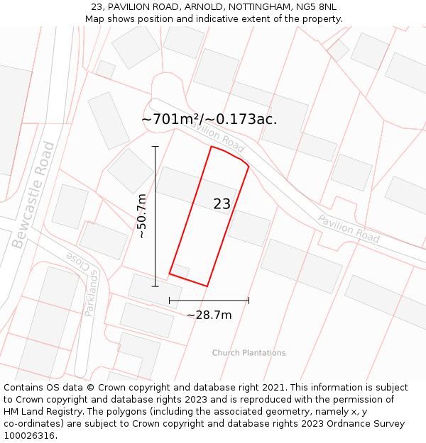 23, PAVILION ROAD, ARNOLD, NOTTINGHAM, NG5 8NL: Plot and title map