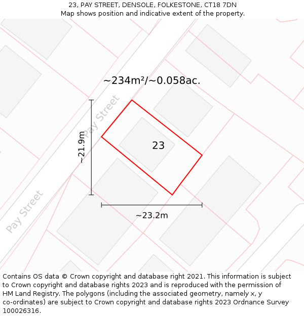 23, PAY STREET, DENSOLE, FOLKESTONE, CT18 7DN: Plot and title map