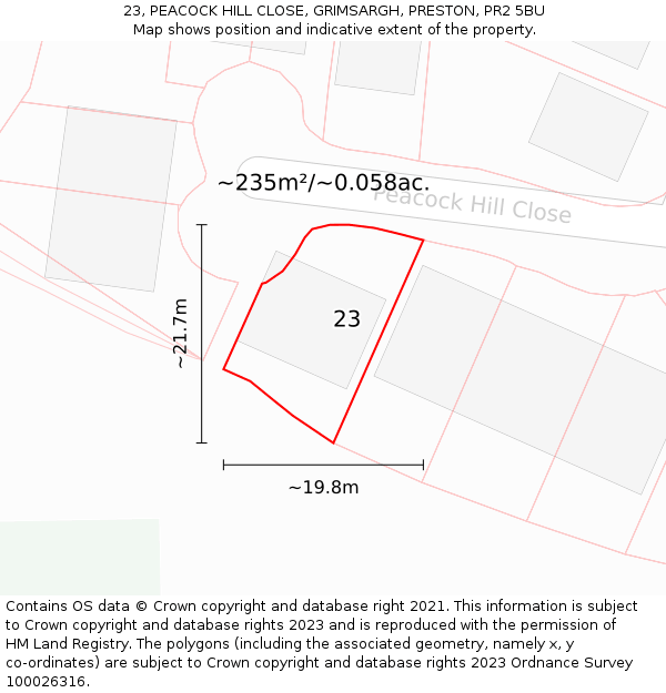 23, PEACOCK HILL CLOSE, GRIMSARGH, PRESTON, PR2 5BU: Plot and title map